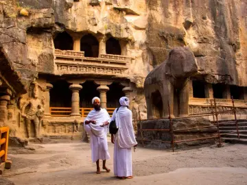 Hindu sadhu holy men visiting the Ellora Caves